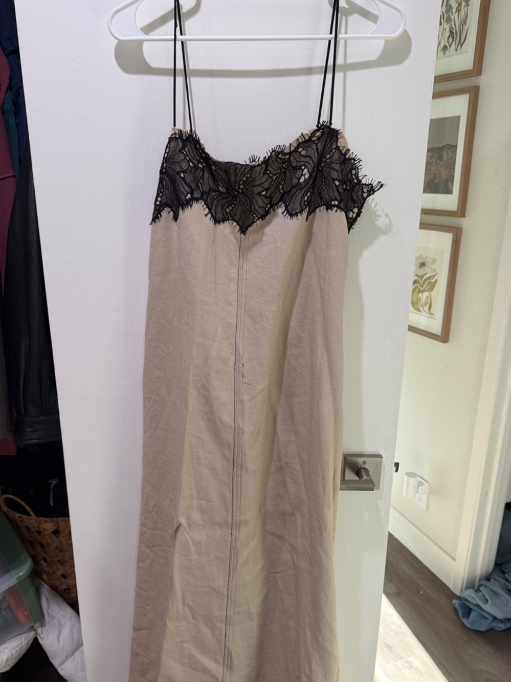 Zara Beige Slip Dress with Black Lace Trim